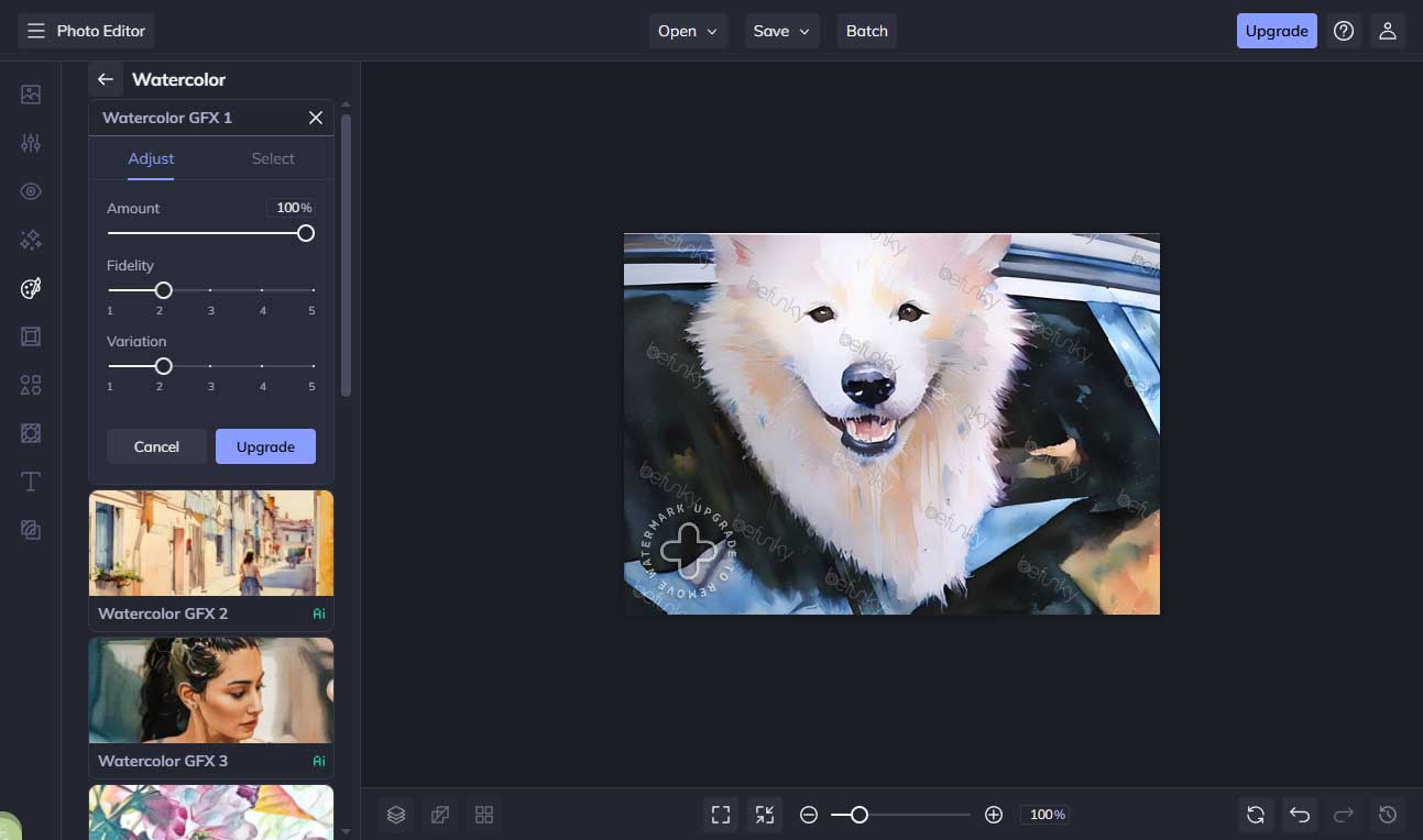 BeFunky interface showing how to add a watercolor filter to the photo.