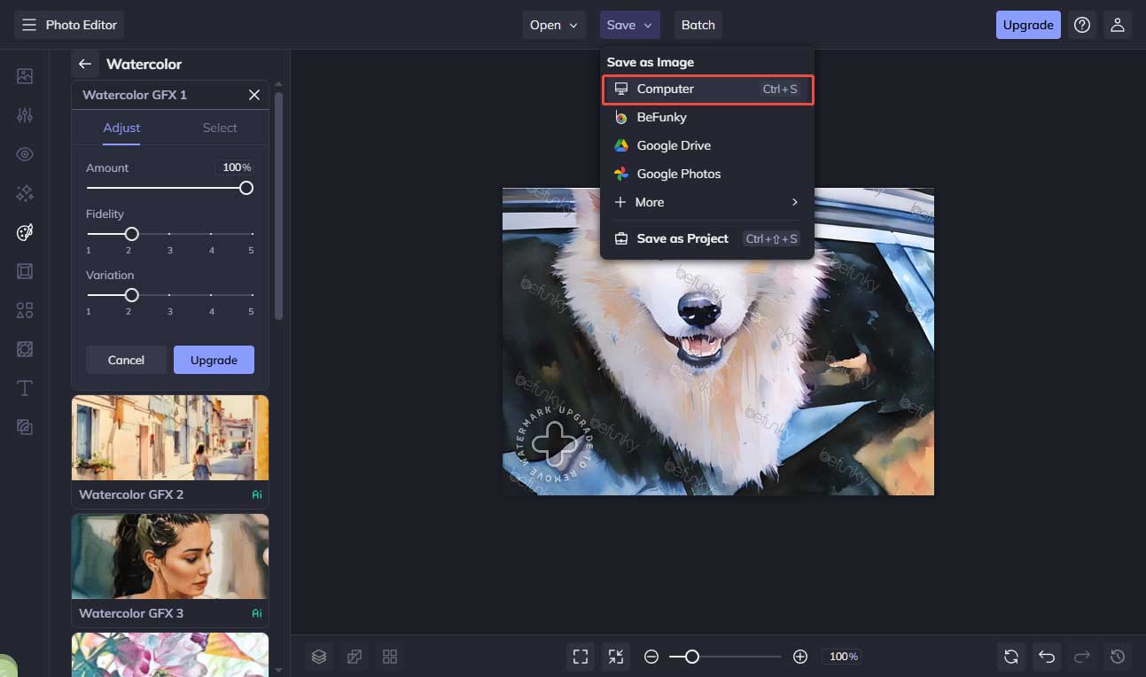 BeFunky interface with the highlighted Computer option from the Save dropdown list.
