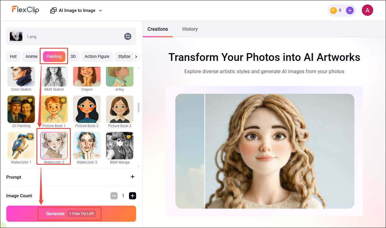 FlexClip interface showing how to add a watercolor filter to the photo.