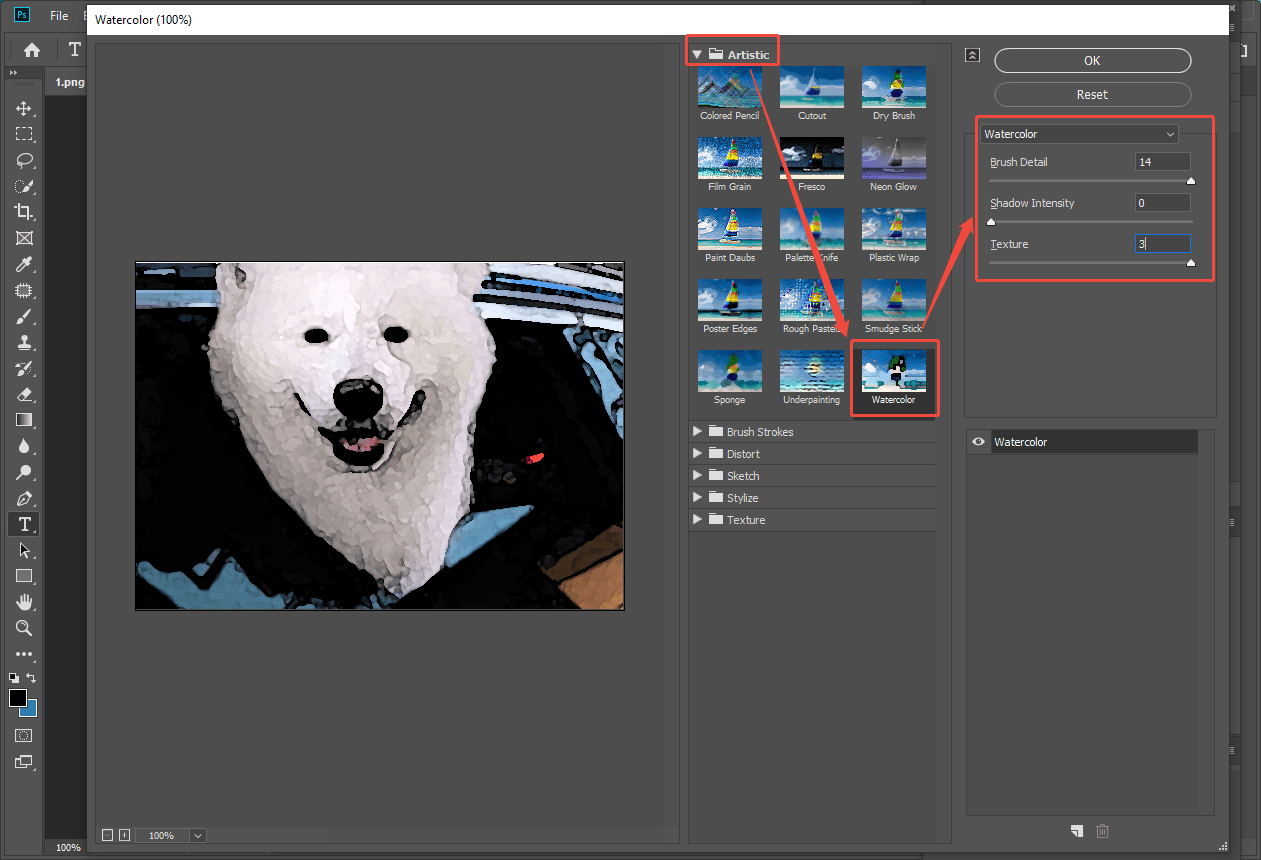 Photoshop interface that shows how to add a watercolor effect to the photo.