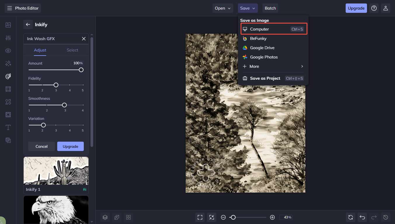 BeFunky interface with the selected Computer option from the Save tab.