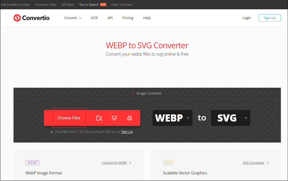 Convertio interface with the Choose Files option selected.