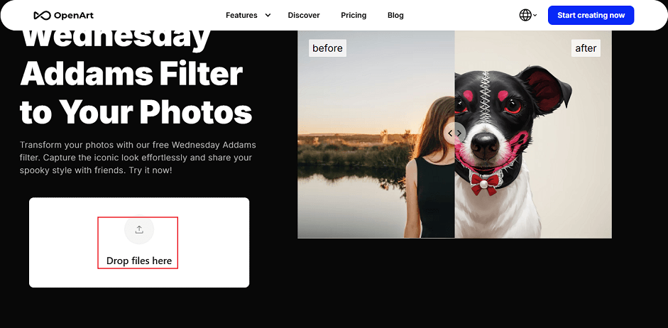 OpenArt interface with the Drop files here option selected.
