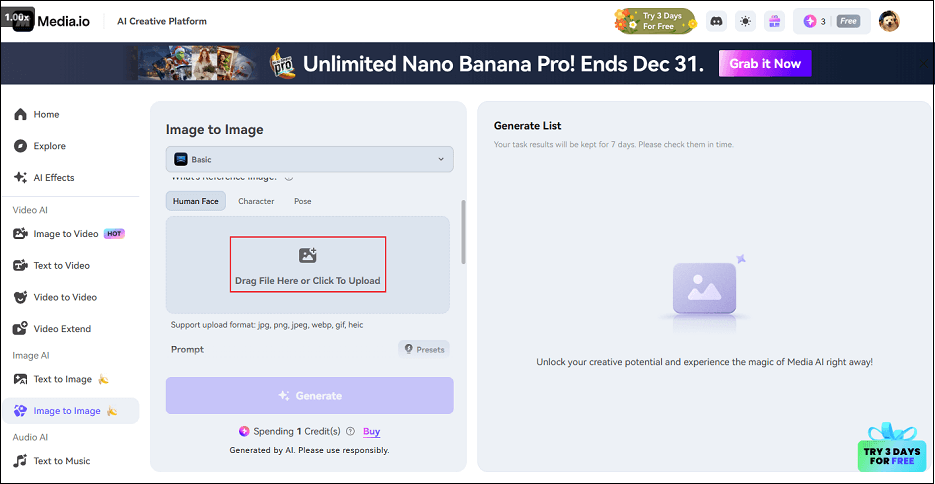 Media.io interface with the Drag File Here or Click To Upload option selected.