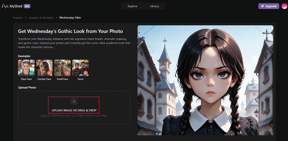 MyShell interface with the UPLOAD IMAGE OR DRAG & DROP option selected.