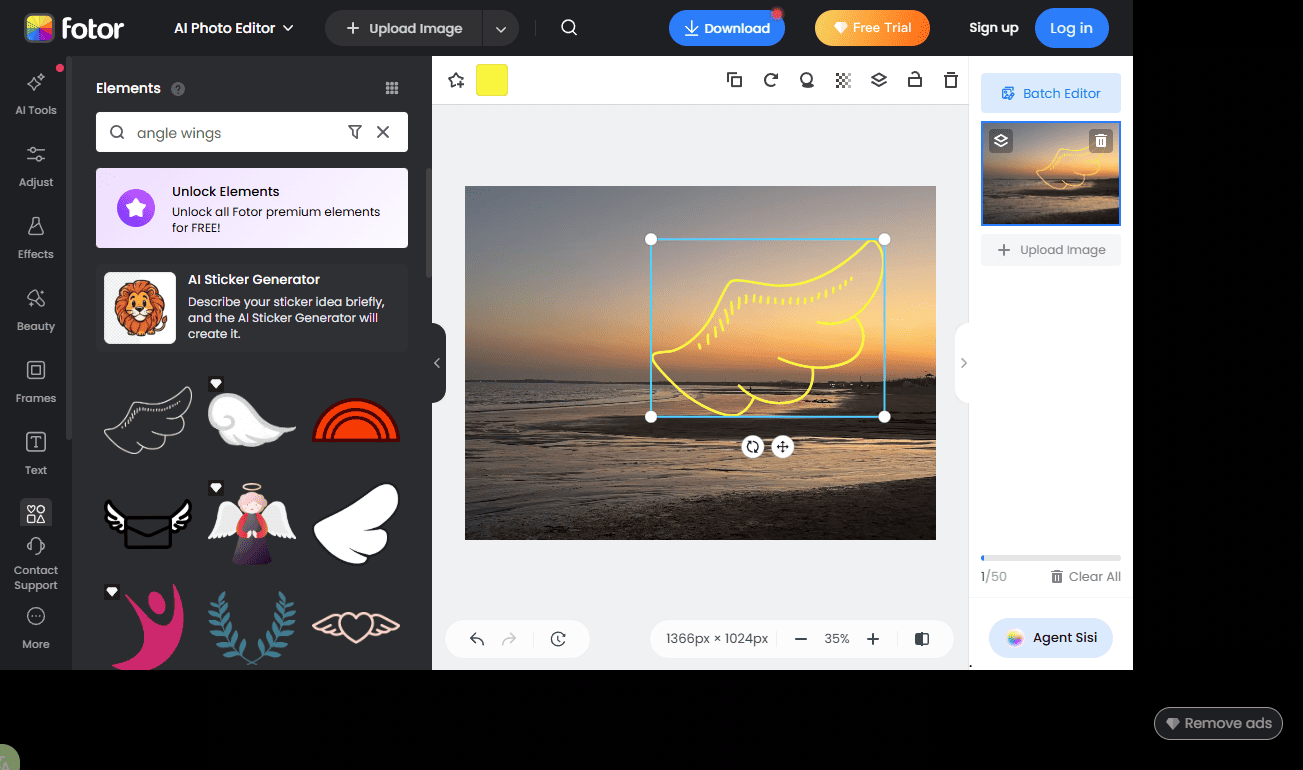 Fotor interface showing how to add angel wings to photos.