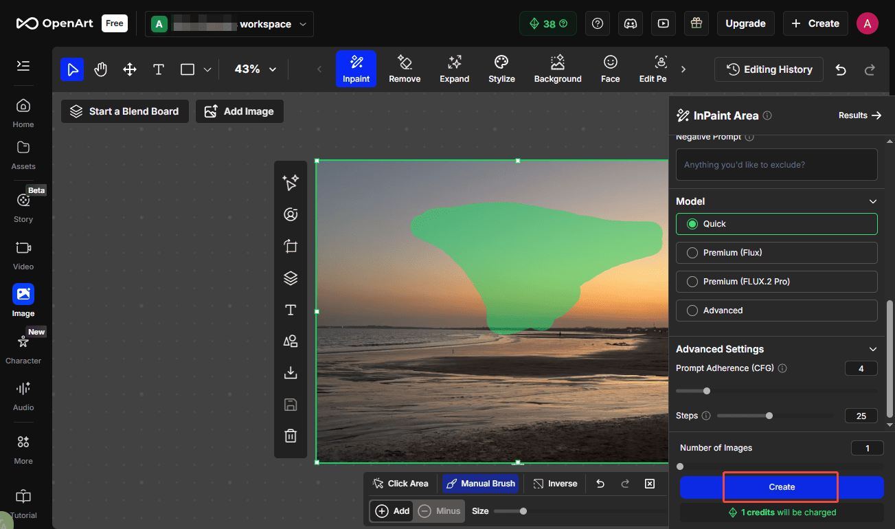 OpenArt interface with the selected Create option.
