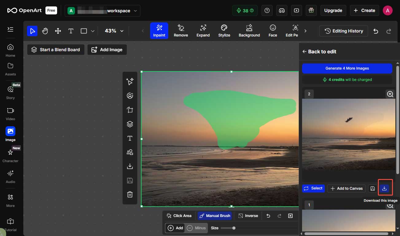 OpenArt interface with the selected Download icon.