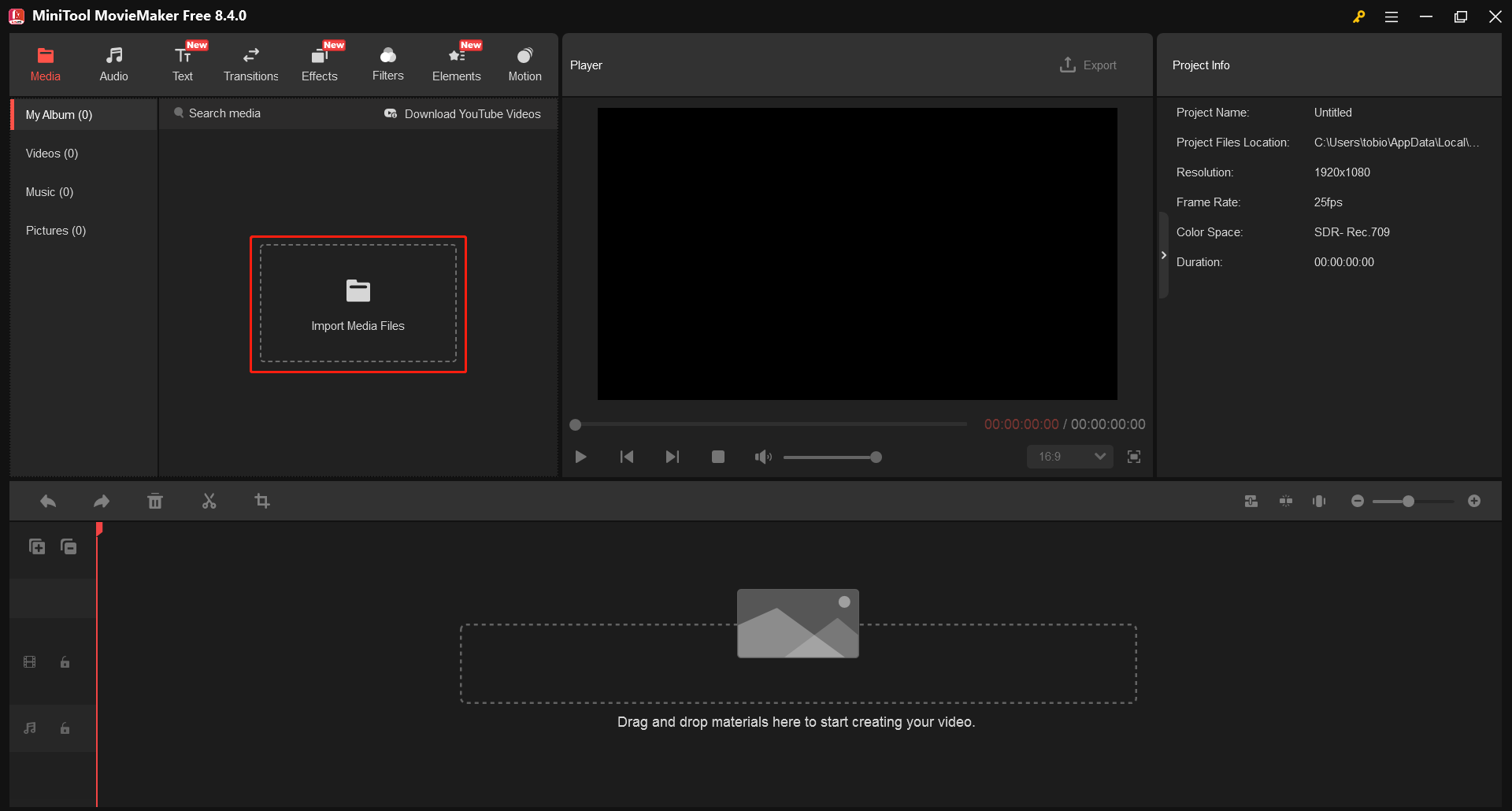 MiniTool MovieMakerでの「Import Media Files」アイコン