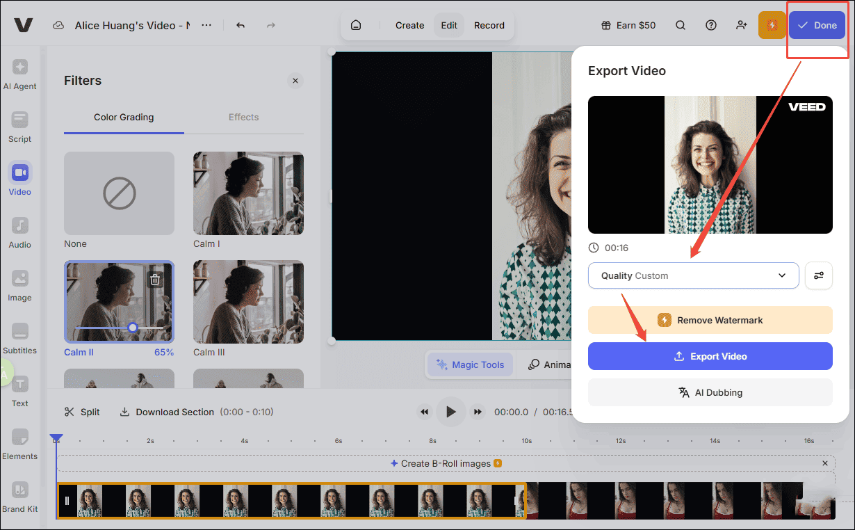 VEEDウェブサイトでの動画エクスポートウィンドウ