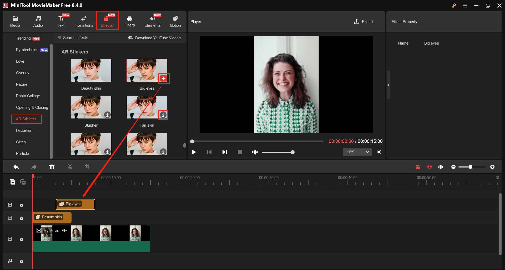MiniTool MovieMakerでフィルターが動画に追加された状態