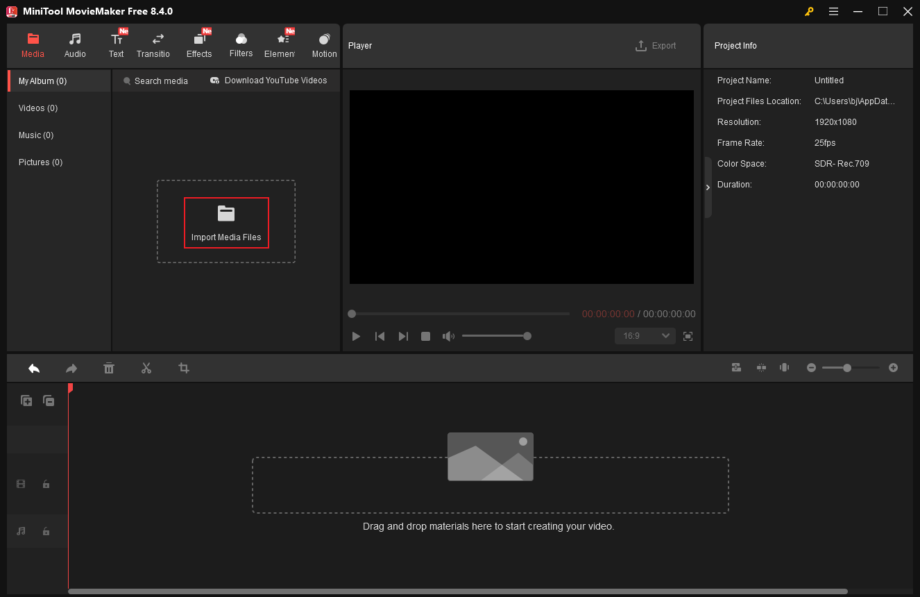MiniTool MovieMaker interface with the Import Media Files option selected in the top left section.