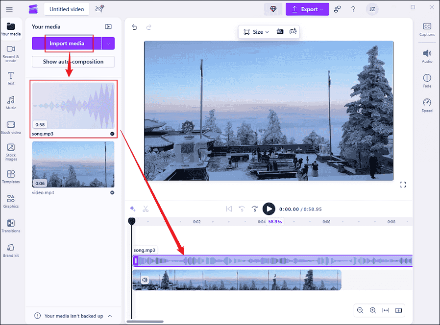 Clipchamp interface showing how to add music from the media library to the video.