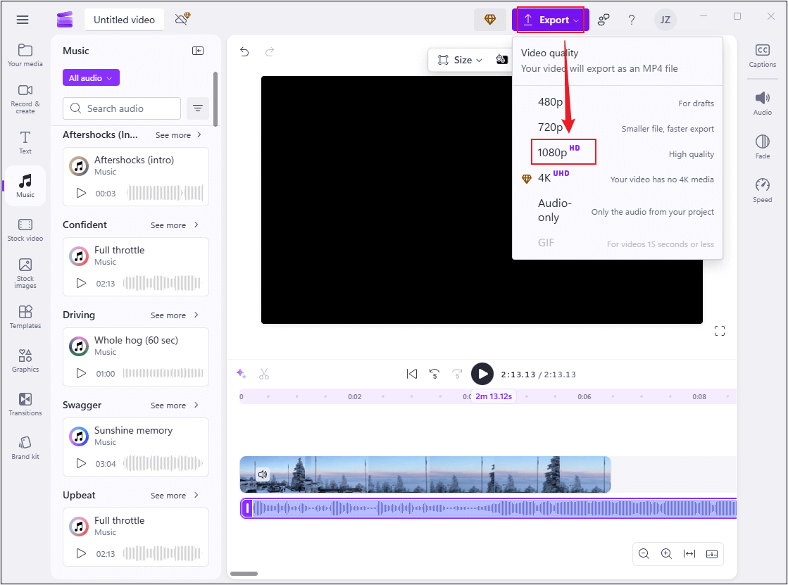 Clipchamp interface showing how to select a resolution from the Export dropdown.