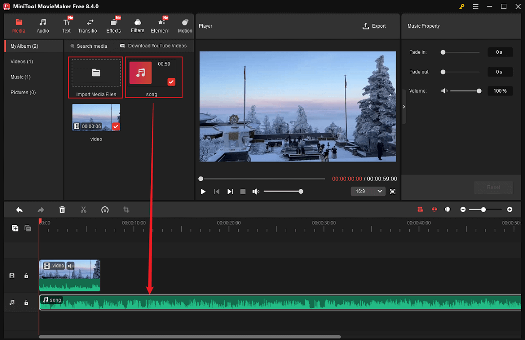 MiniTool MovieMaker interface showing how to add music to the timeline from the Media library.
