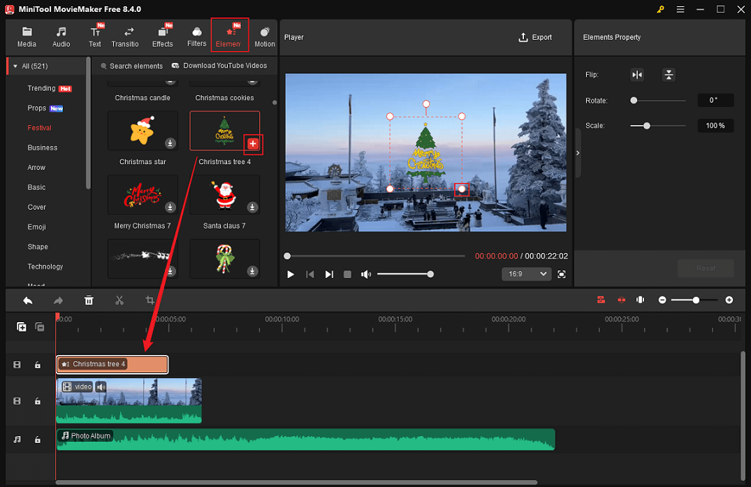 MiniTool MovieMaker showing how to add a sticker to the video from the Elements section.