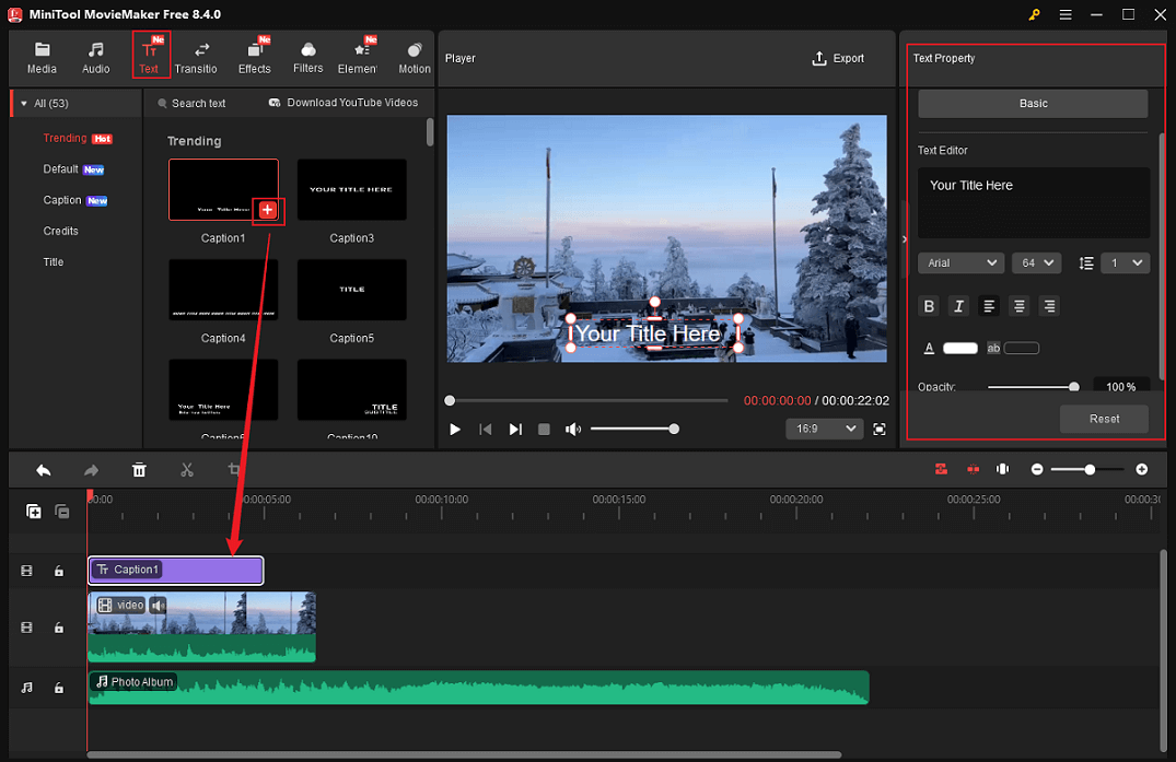MiniTool MovieMaker showing how to add text to the video from the Text section.