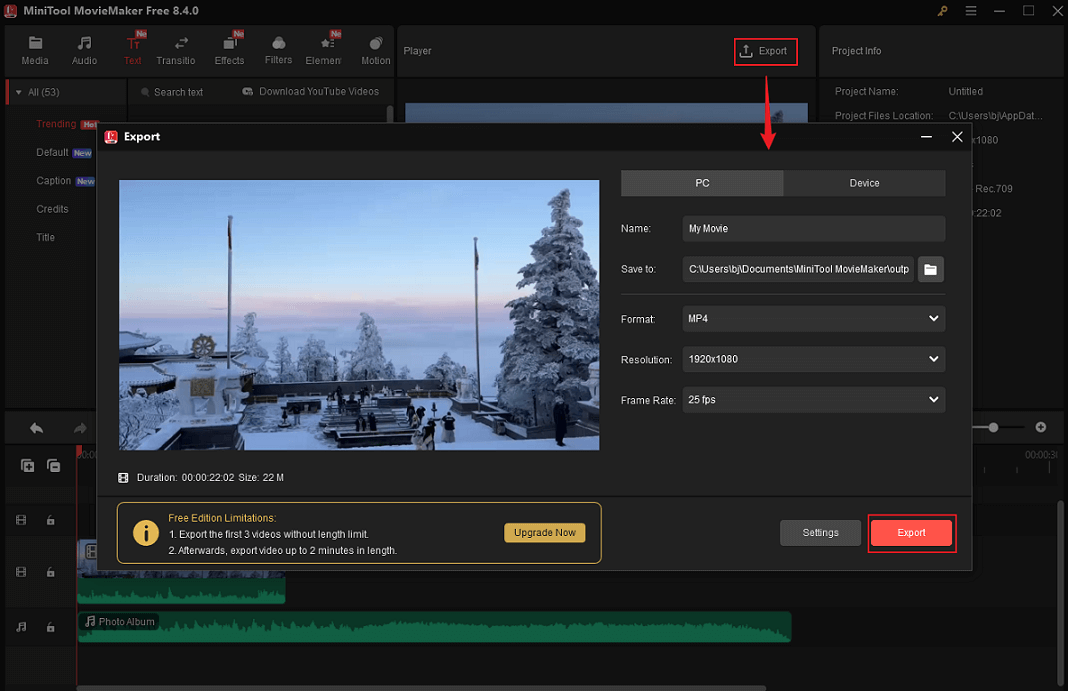 MiniTool MovieMaker showing how to open the Export window.
