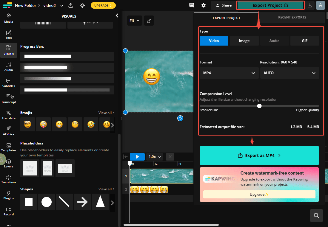 Haga clic en Exportar proyecto y seleccione el formato para guardar el video final en su computadora.
