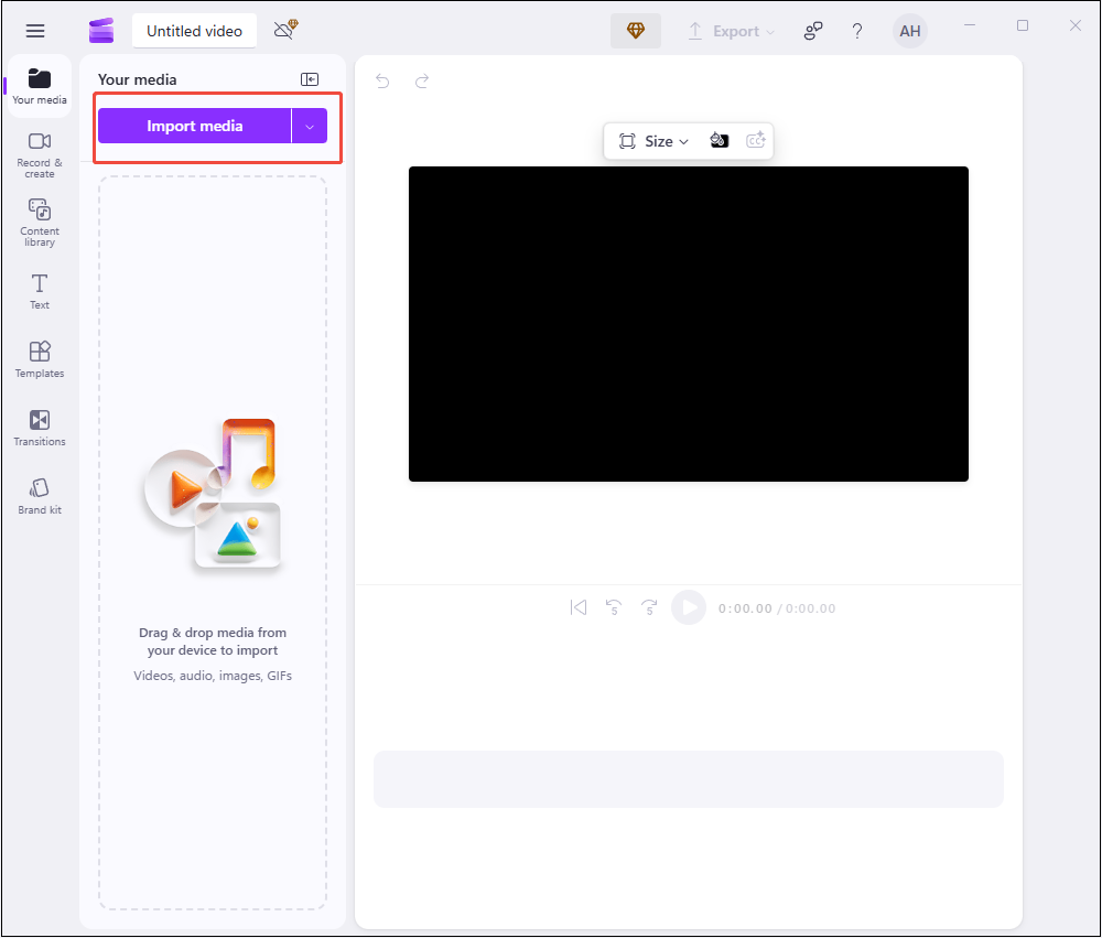 Haga clic en Importar medios en Clipchamp para cargar su video.