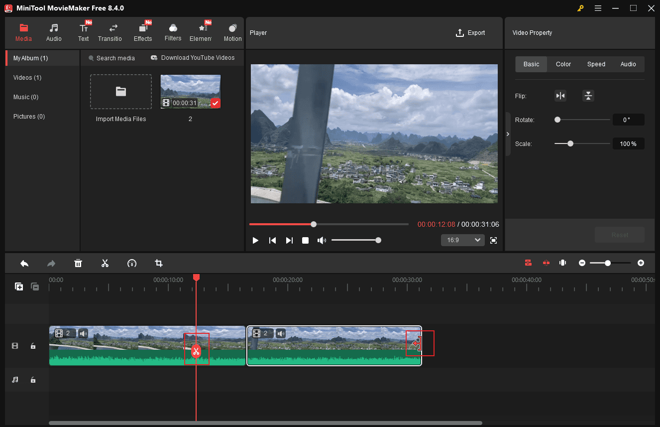 MiniTool MovieMakerでタイムライン上の動画へのカットやトリミングを実行するスクリーンショット