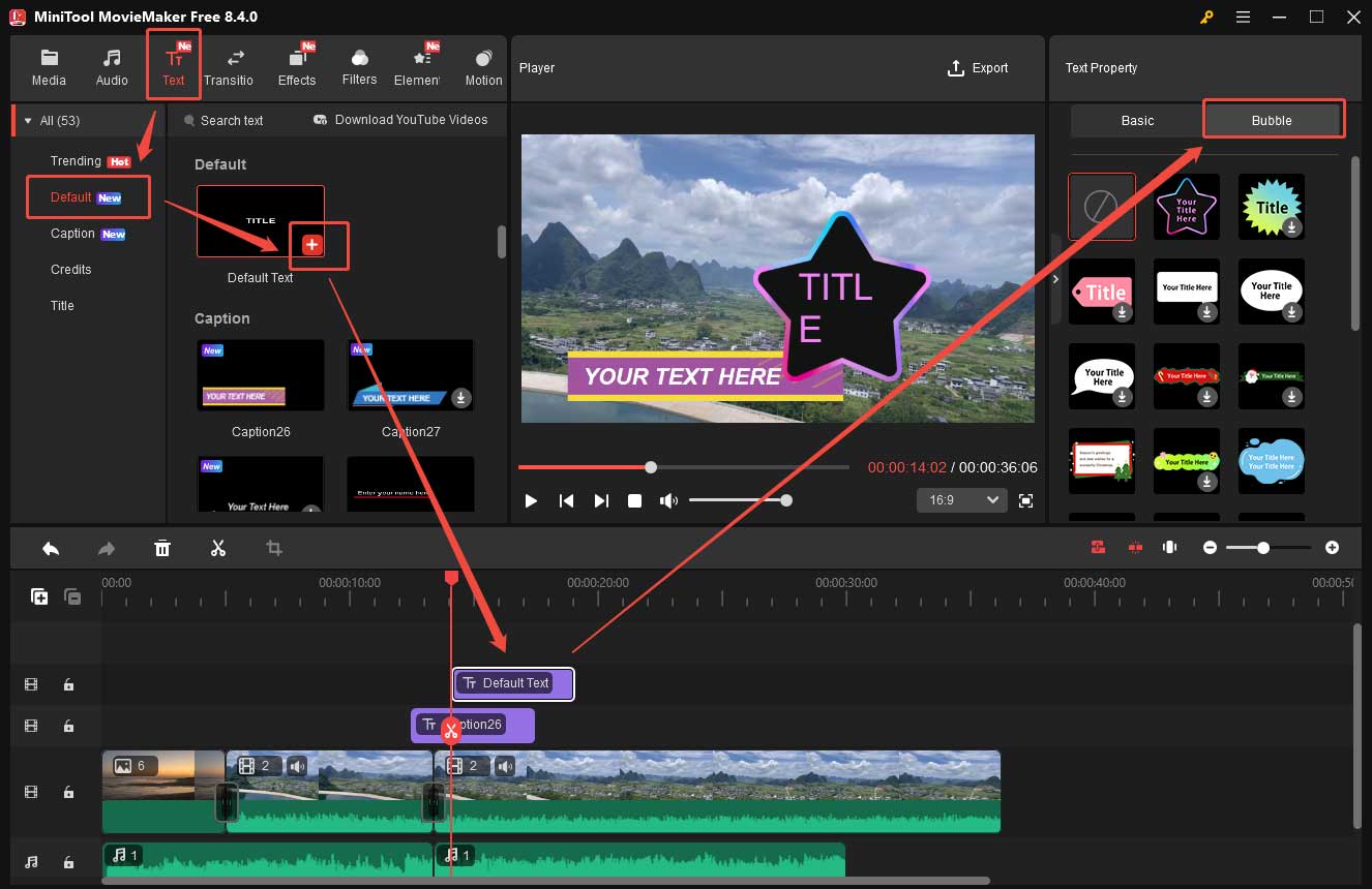 MiniTool MovieMaker interface showing how to add text to the video.