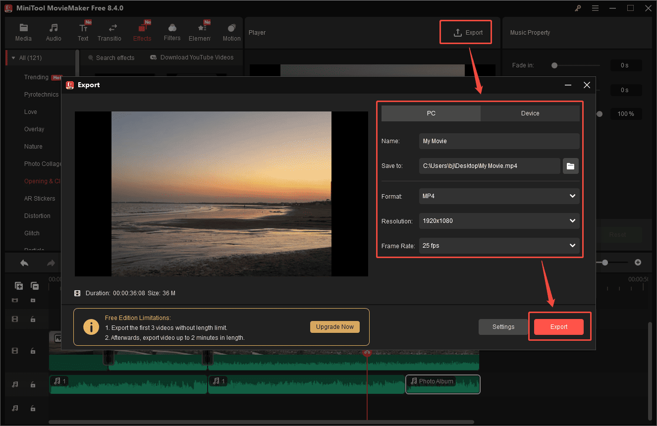 MiniTool MovieMaker interface showing how to save the video to your computer.