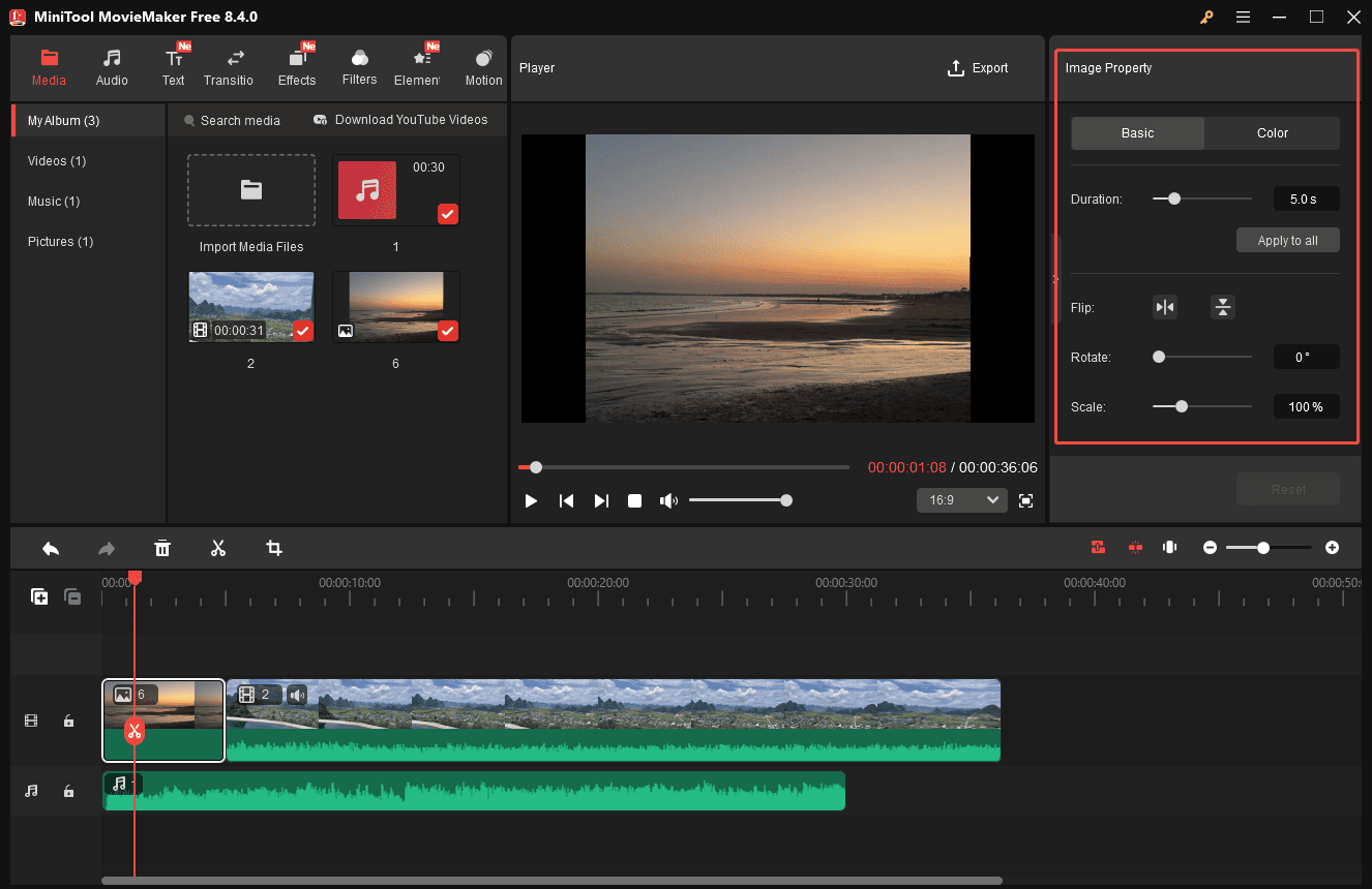MiniTool MovieMaker interface with the selected Image Property option.
