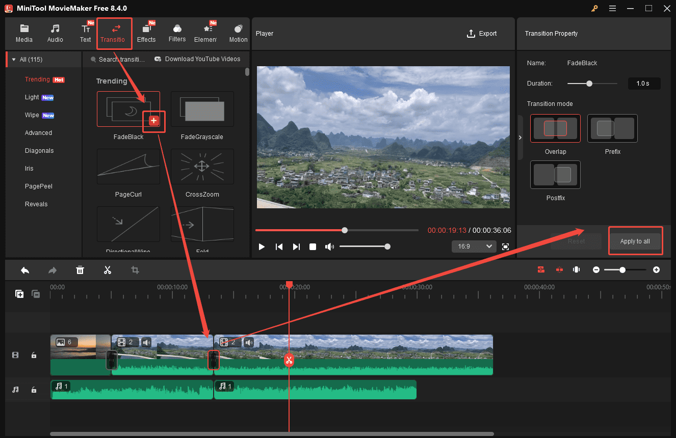 MiniTool MovieMaker interface showing how to add transitions to the video.