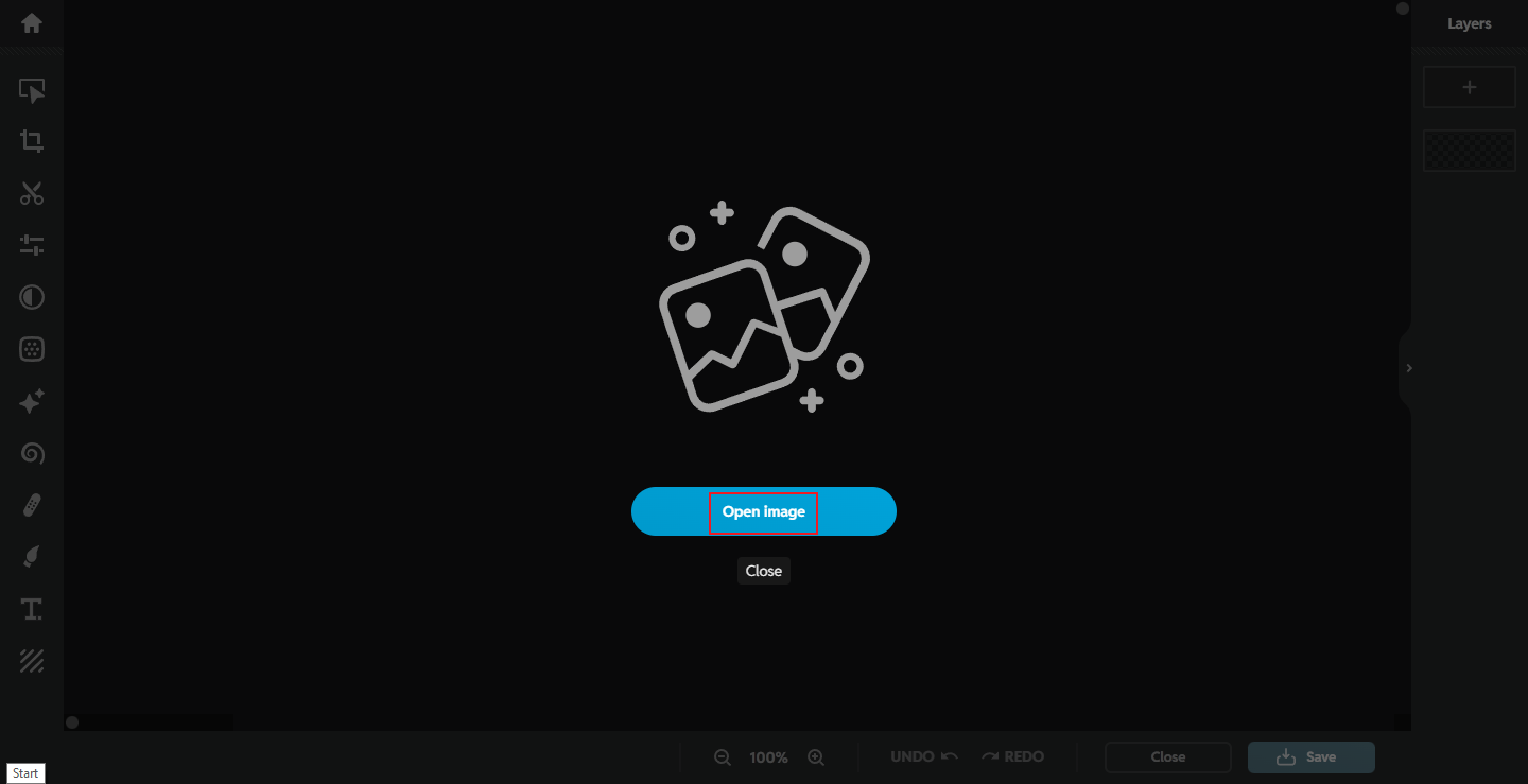 Pixlr interface with the Open Image button selected.