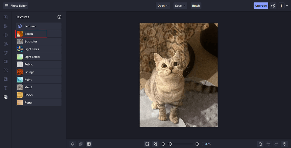 Befunky interface with the Bokeh option selected.