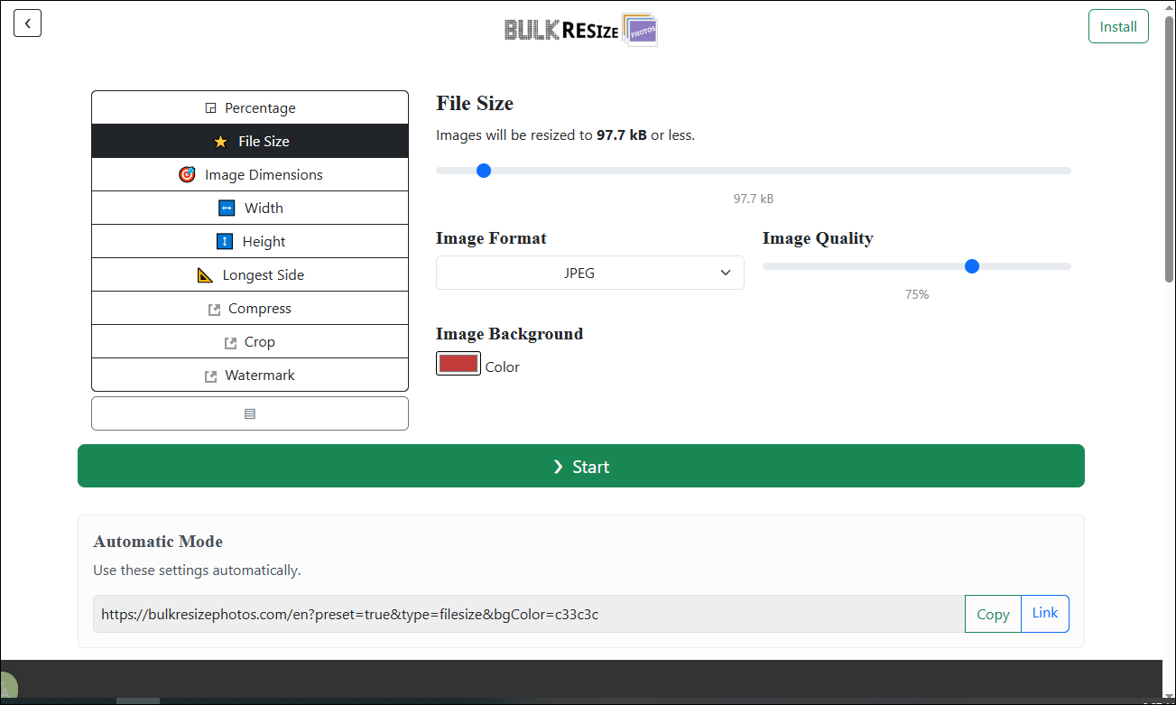 The main editing interface of Bulk Resize Photos.