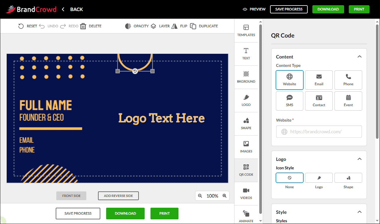 The editing interface of BrandCrowd.