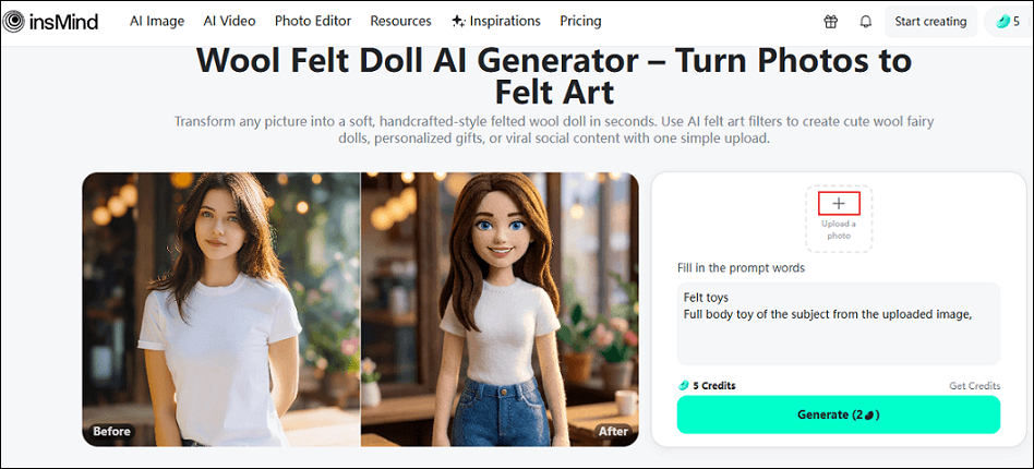insMind interface with the + icon selected to upload your picture.
