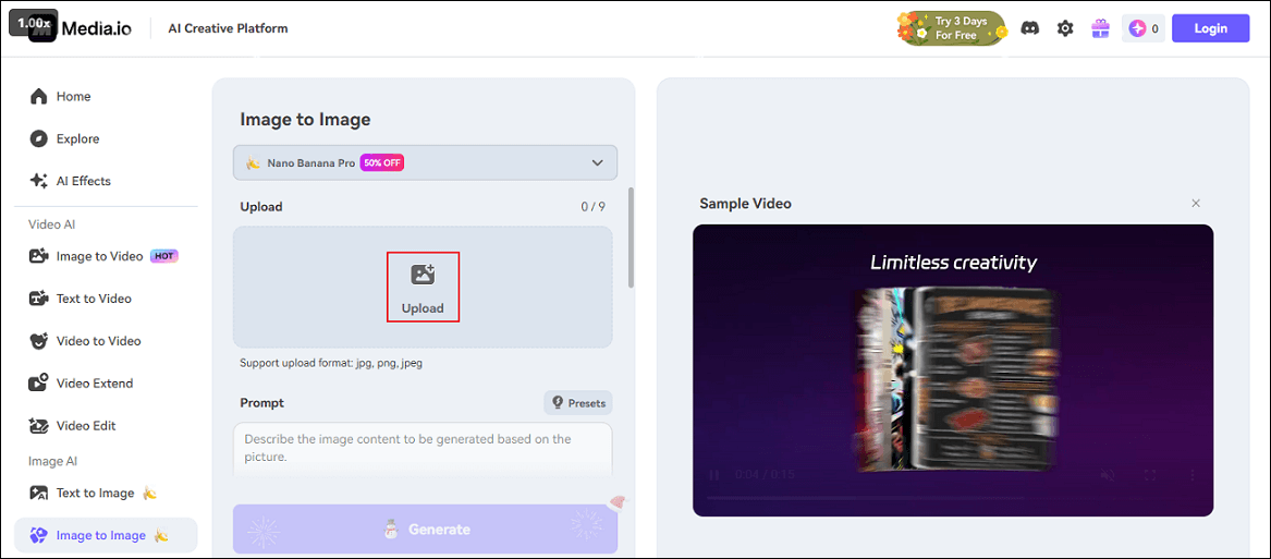 Media.io interface with the Upload option selected.