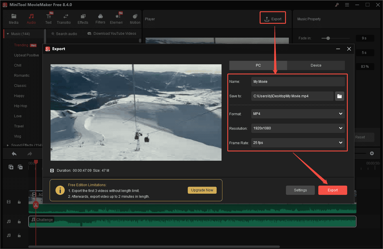 MiniTool MovieMakerで編集した動画をエクスポートする様子