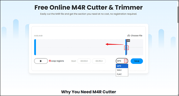 FineshareでM4Rをカットする画面と出力形式