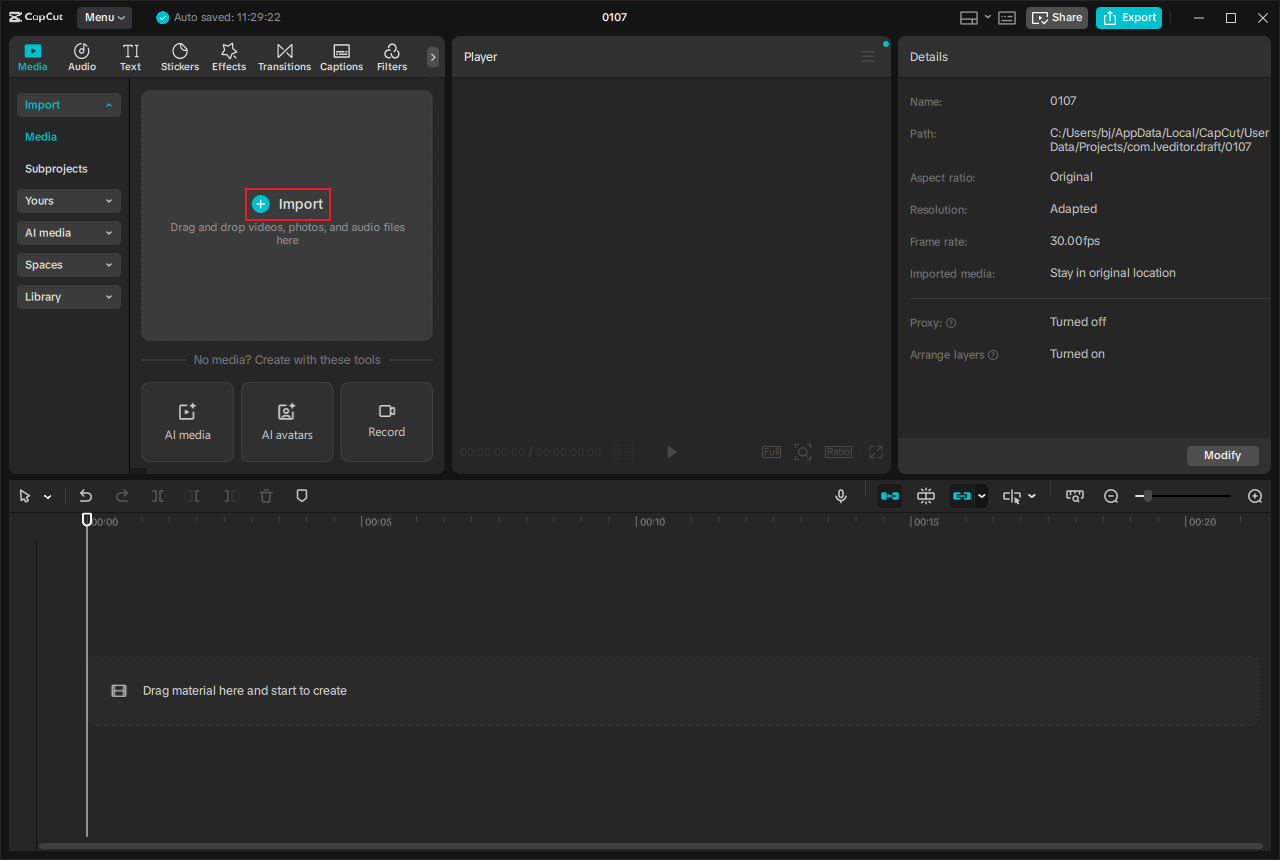CapCut interface with the Import option selected.