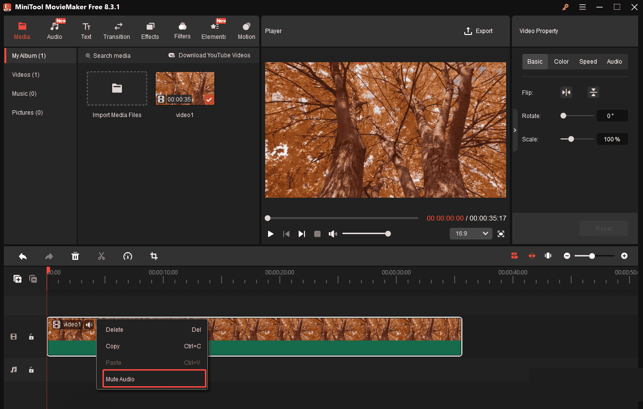 Haga clic derecho en el video y seleccione Silenciar audio para eliminar el audio en MiniTool MovieMaker.