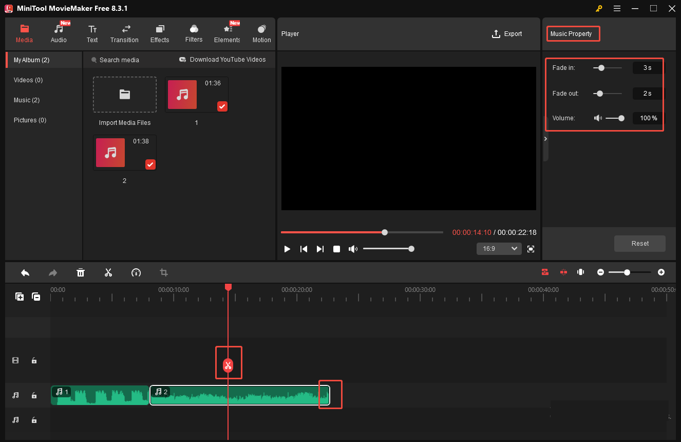 Haga clic en diferentes botones de la interfaz para editar su audio en MiniTool MovieMaker.