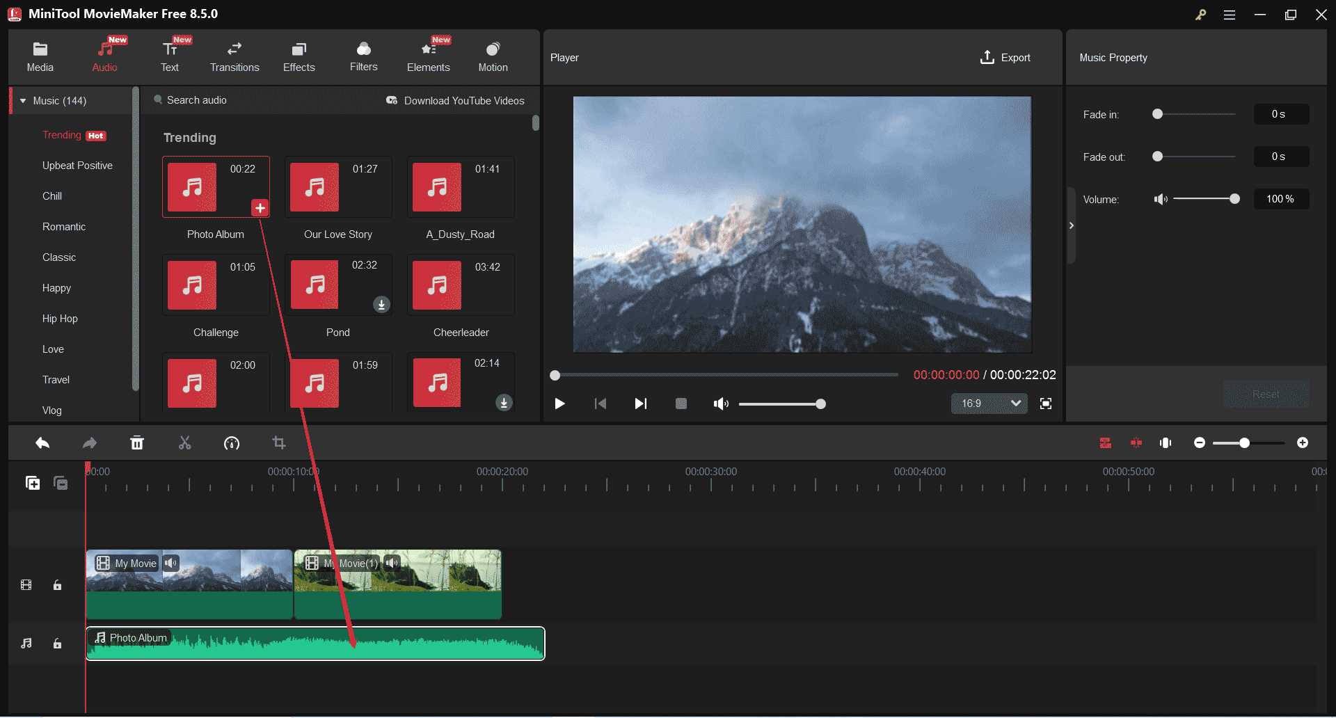 MiniTool MovieMakerで音楽や効果音が追加された状態