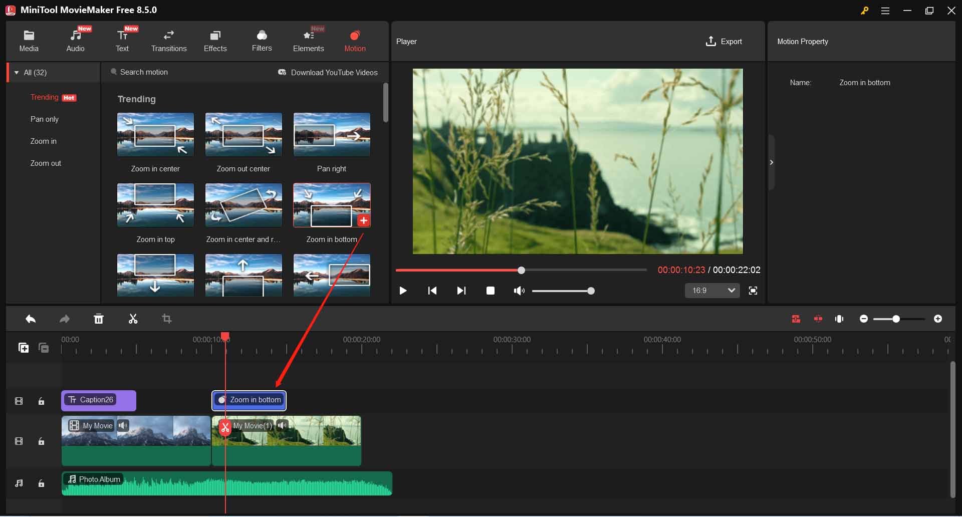 MiniTool MovieMakerでモーション効果が追加された状態