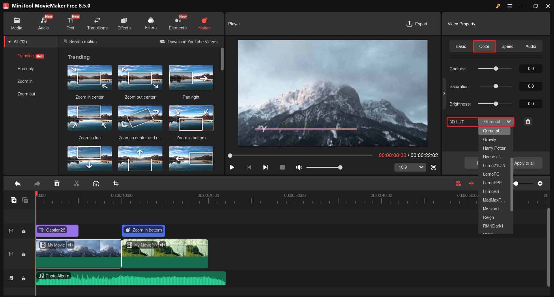 MiniTool MovieMakerで3D LUTを適用する画面