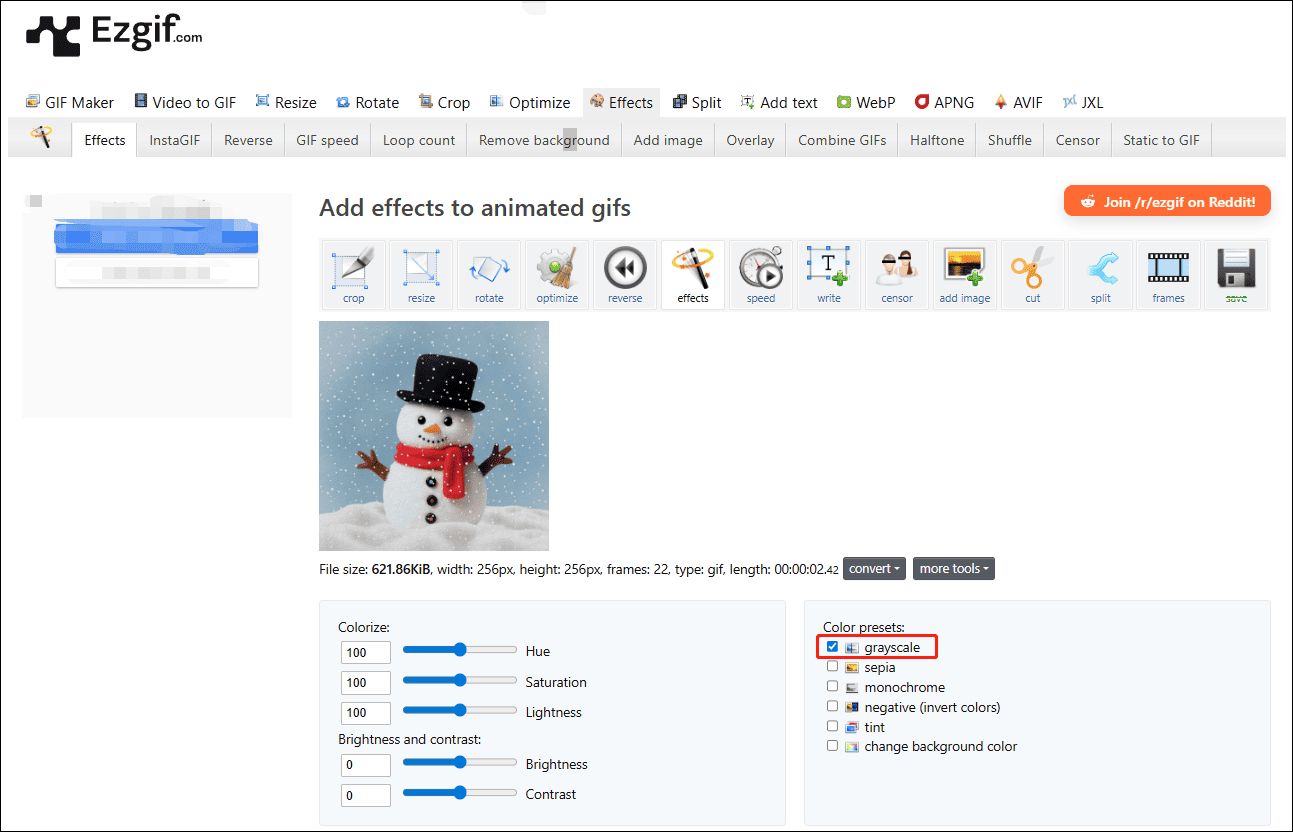 Die Bearbeitungsseite von Ezgif zum Hinzufügen von Effekten zu animierten GIFs mit ausgewählter Graustufenoption.