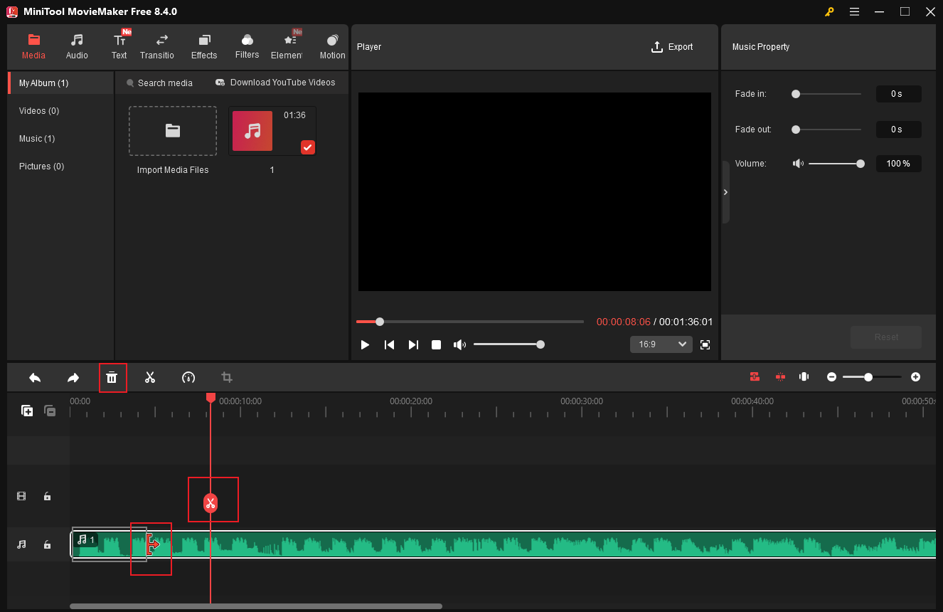 MiniTool MovieMakerでタイムライン上のオーディオファイルをカットする様子