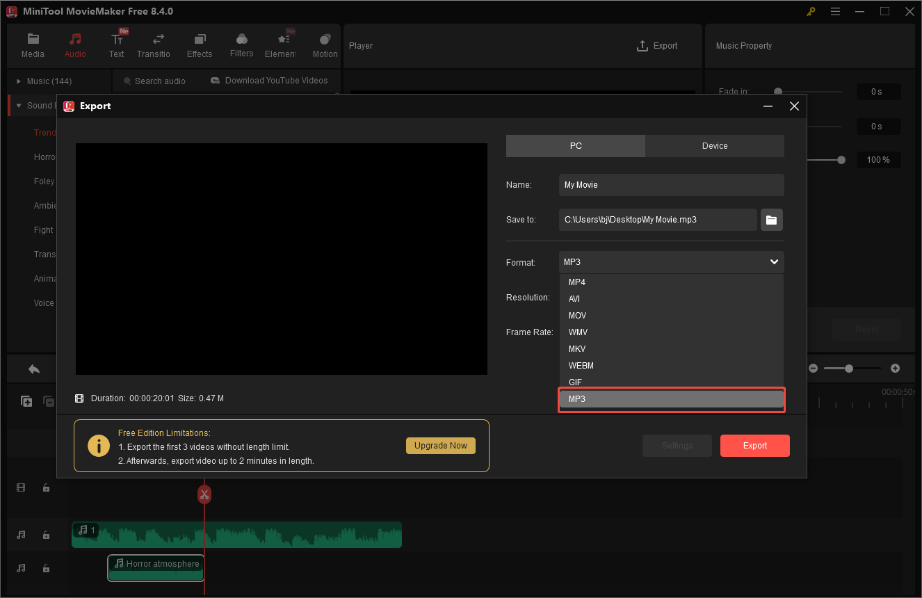 MiniTool MovieMakerで編集したオーディオファイルをエクスポートする