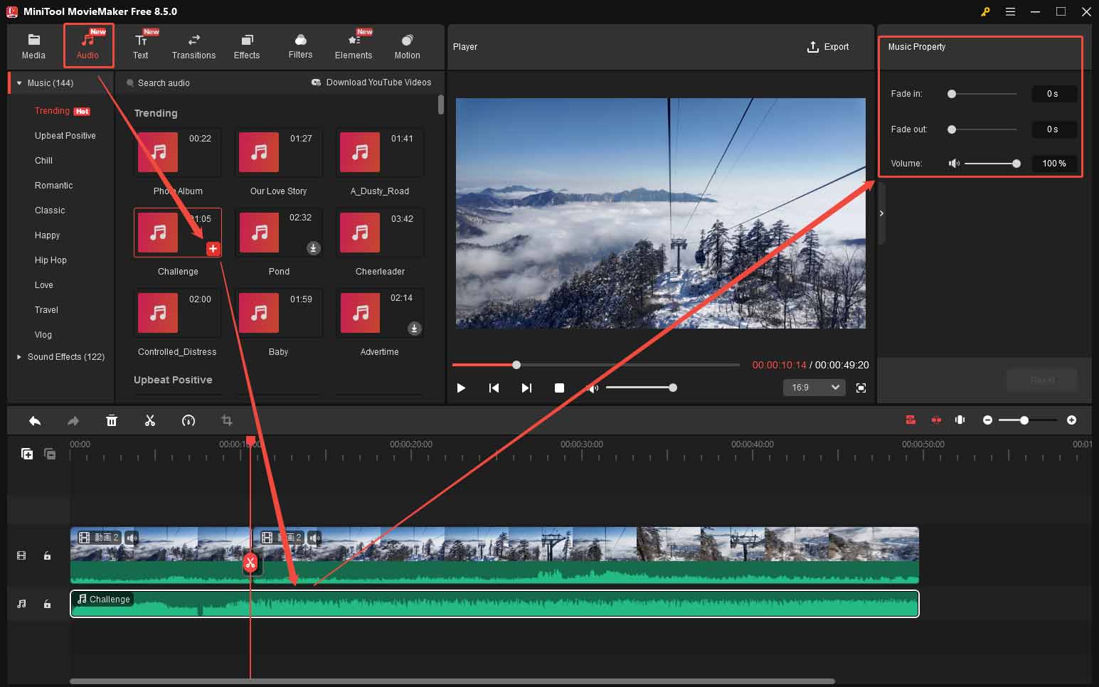 MiniTool MovieMakerで動画に音楽を追加して調整する様子