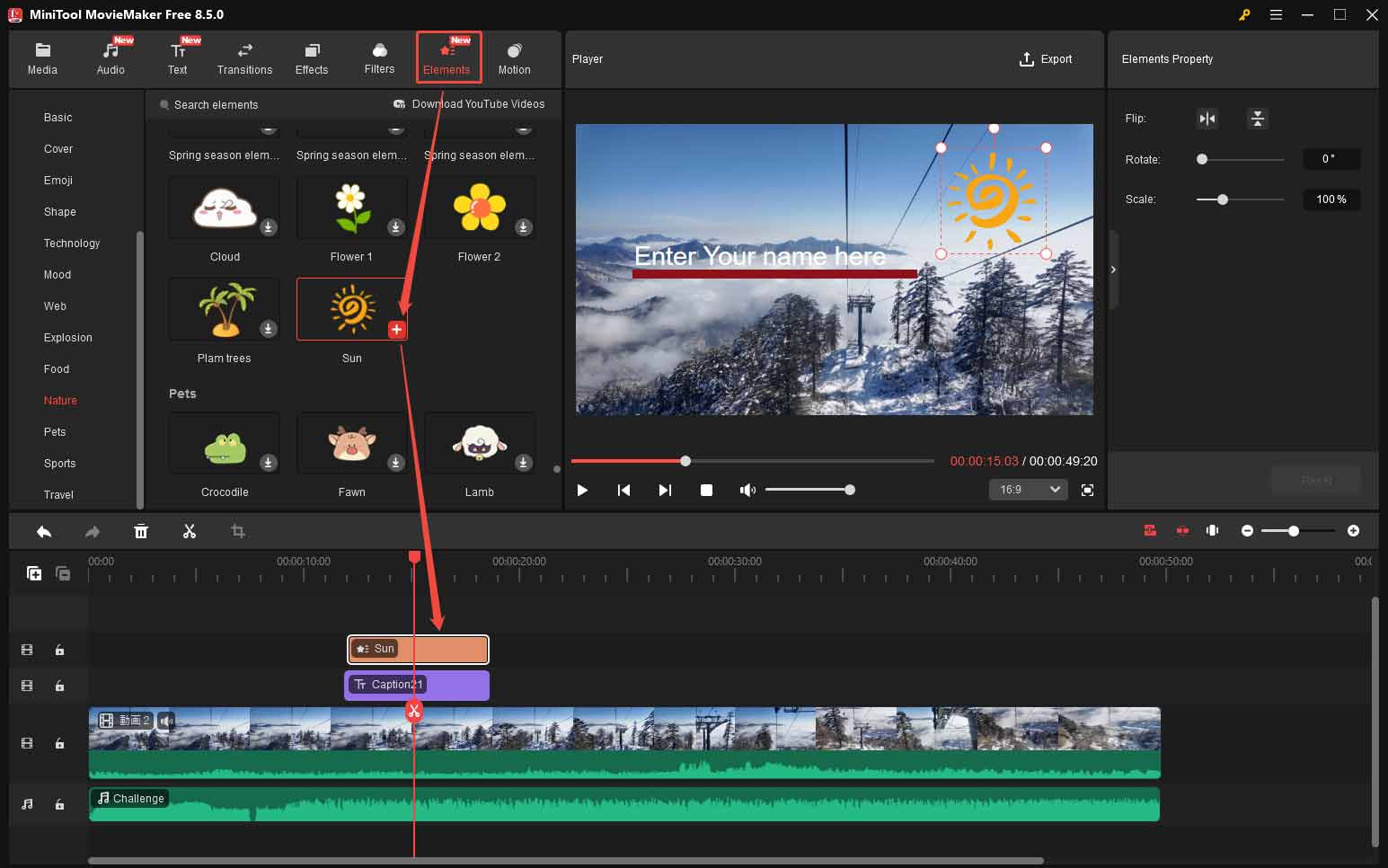 MiniTool MovieMakerで動画にエレメンツを追加する