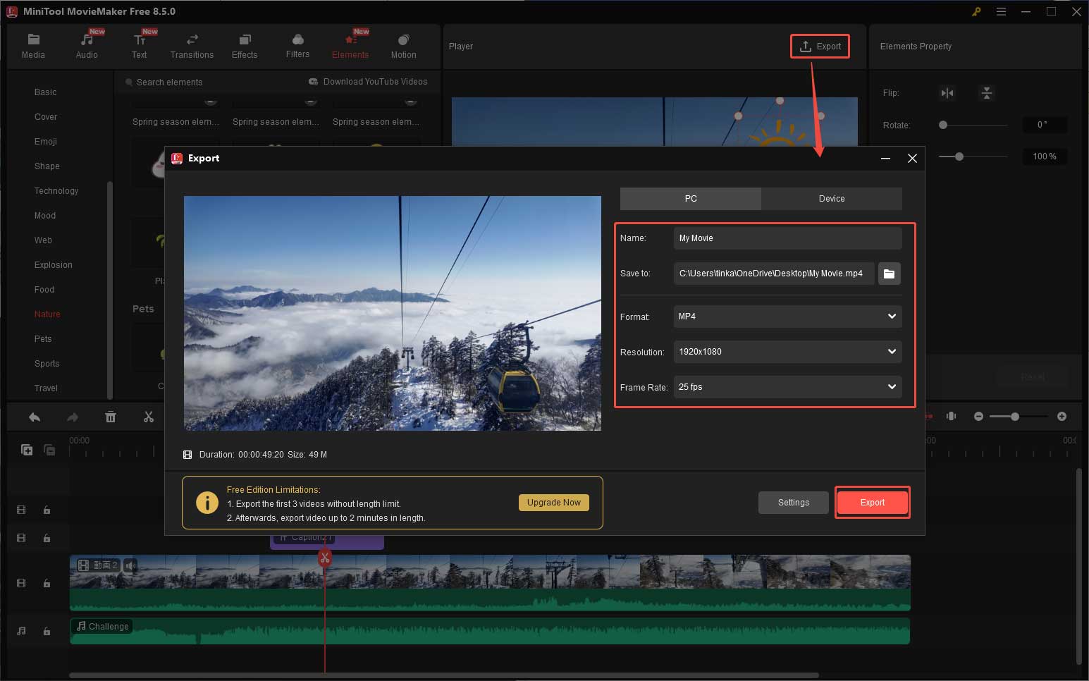 MiniTool MovieMakerで編集した動画をエクスポートする様子