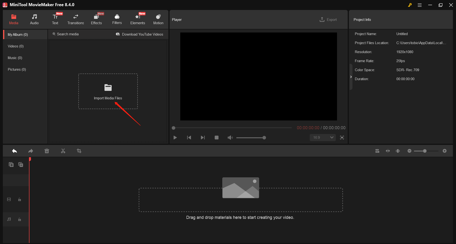 MiniTool MovieMaker内の「Import Media Files」ラベルが付いた点線ボックス